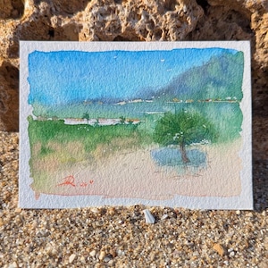 Coastal Landscape ACEO Watercolor Original Miniature Painting 3.5x2.5 inches