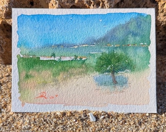 Coastal Landscape ACEO Watercolor Original Miniature Painting 3.5x2.5 inches