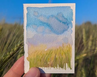 Pastel Prairie Landscape Original Watercolor ACEO Miniature Wall Decor 3.5 by 2.5 inch