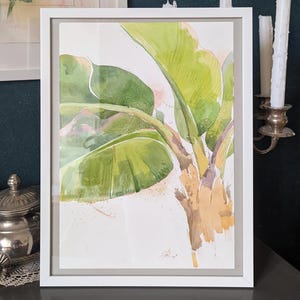 Dipinto ad acquerello originale di palma di banana, foglie tropicali, arte murale botanica