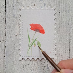 赤いケシの花 オリジナル水彩画ポストカード 植物画 プレネール 小さなアート
