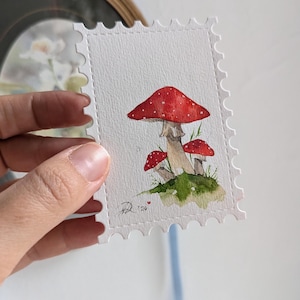 Aquarelle originale champignon amanite carte postale peinture botanique petit art