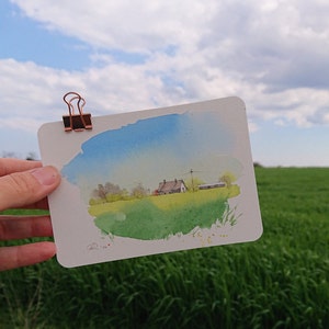 Frühling Feld mit Hütte Landschaft Malerei Original Aquarell Postkarte Landschaft Pleinair Kunst