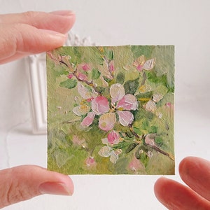Floreciente manzano pintura al óleo pequeño floral arte original primavera bodegón ramo pintura regalo