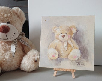 Oso de peluche pintura al óleo original amor pared arte niños habitación decoración lindos animales bebé regalo