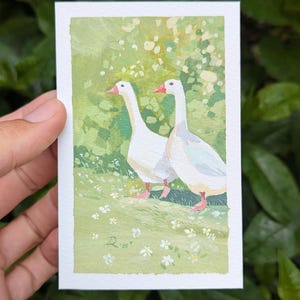 Dos gansos en el jardín Pintura gouache original Regalo para ella