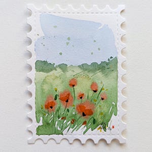 赤いポピー畑オリジナル水彩画ポストカード 野外絵画