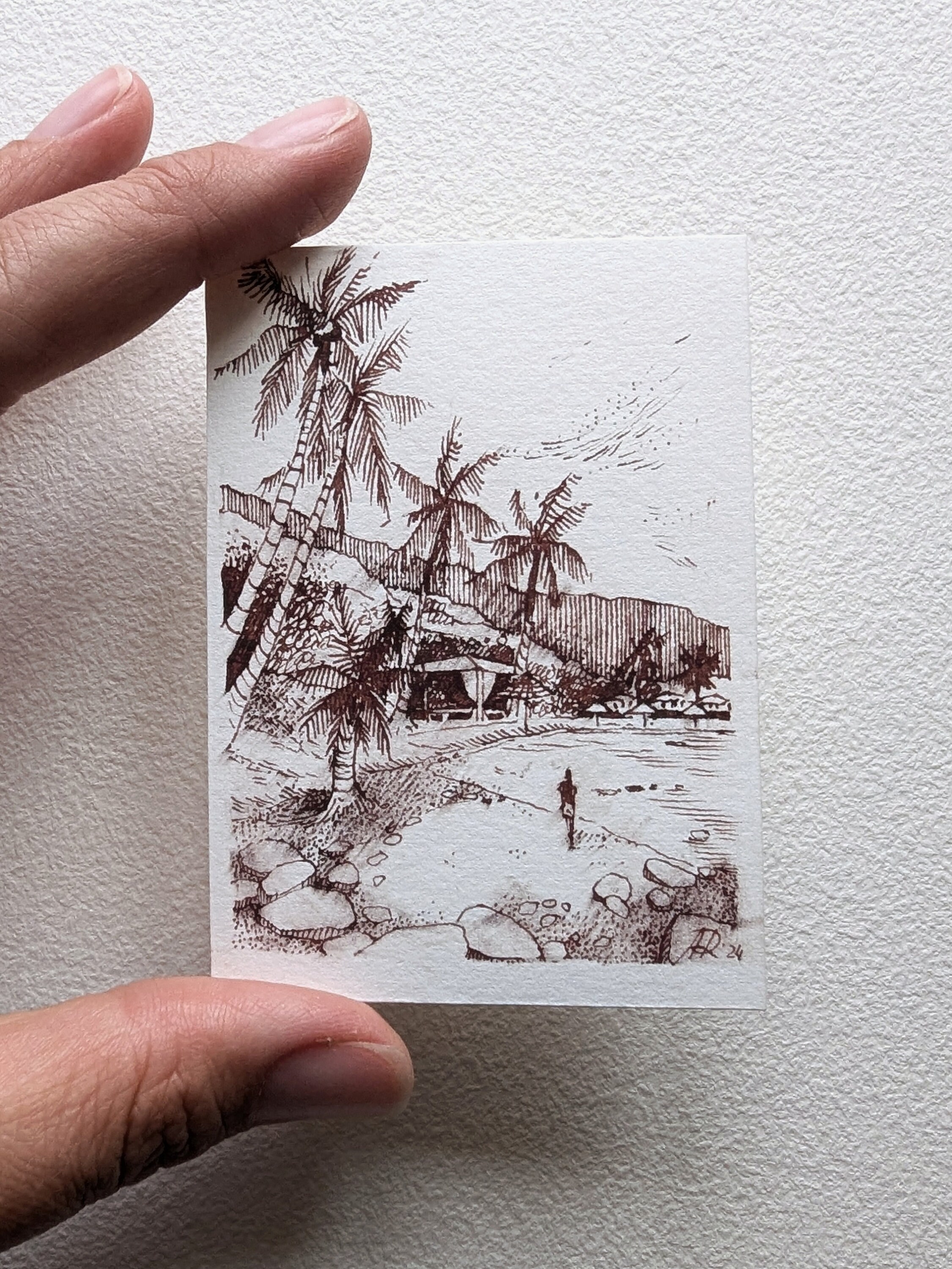 Tropical Beach Landscape Palm Tree Art ACEO Painting Original Ink ...