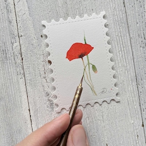 Flor de amapola roja original acuarela postal pintura botánica Pleinair pequeño arte