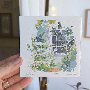 Finestra sul giardino con vegetazione – Acquerello originale en plein air, serie 100 giorni
