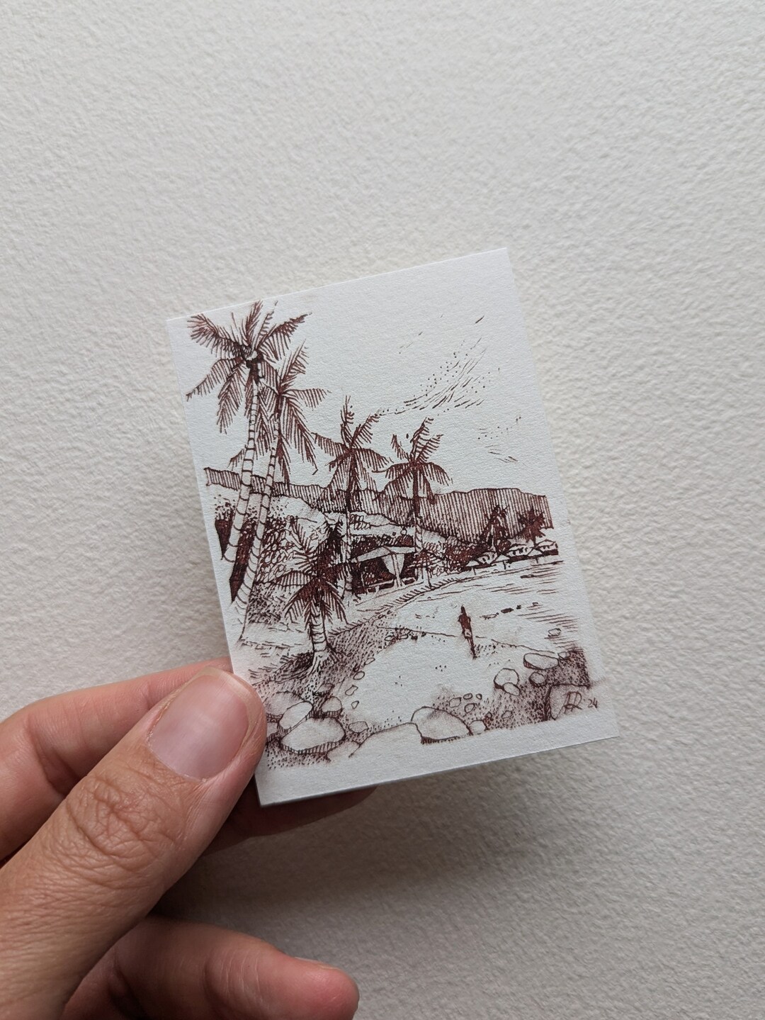 Tropical Beach Landscape Palm Tree Art ACEO Painting Original Ink ...