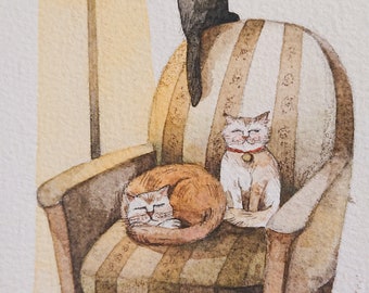 Gatti sulla sedia Illustrazione ad acquerello Arte originale Decorazione artistica da parete Regalo per gli amanti dei gatti