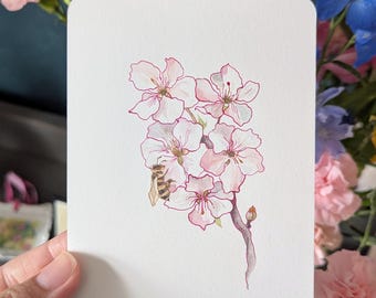 Cartolina acquerello con fiori di ciliegio, regalo fatto a mano con arte Sakura per lei