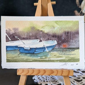 Deux bateaux aquarelle originale en plein air peinture paysage d&#39;été