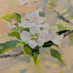 Pintura al óleo original de un manzano en flor, regalo artístico