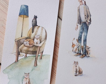 Chats sur la chaise Illustration à l'aquarelle Art original mural Art déco Cadeau pour les amoureux des chats