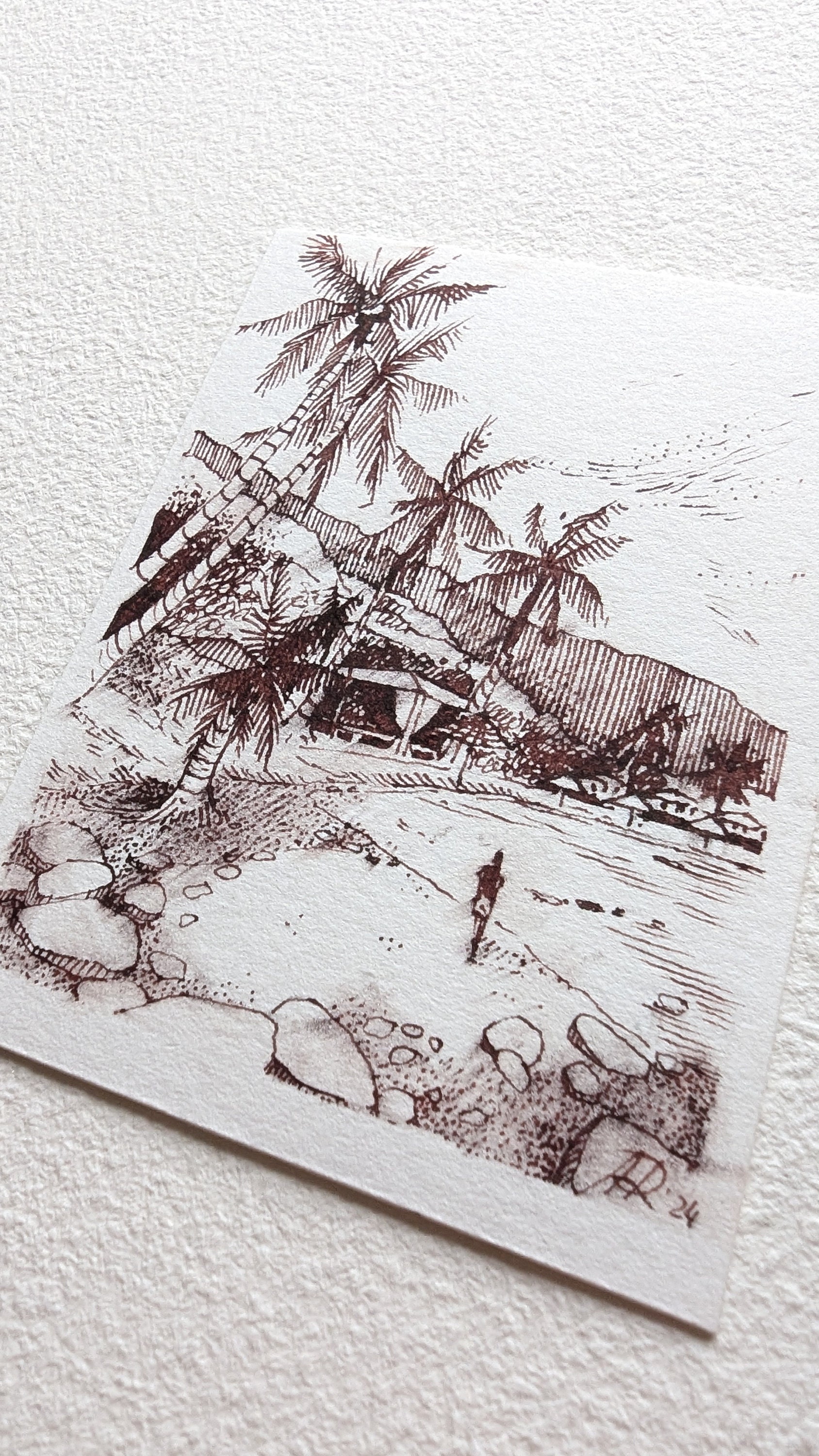 Tropical Beach Landscape Palm Tree Art ACEO Painting Original Ink ...