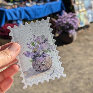 Fiori di margherita viola Acquerello originale Cartolina botanica Pittura Piccola arte