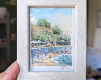 Framed Beach Watercolor ACEO – Original Miniature Sea Painting Collectible Marine Art