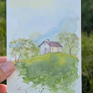 Spring Hill Cottage – Dipinto originale di paesaggio su cartolina ad acquerello