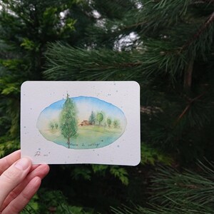 山の風景画 ライムクリーム 手描き オリジナル水彩画 ポストカード 田舎 外光アート