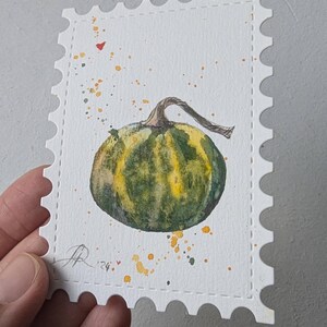 Zucca verde Acquerello originale Cartolina Botanica Pittura Piccola Arte