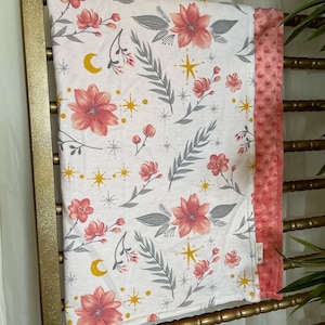 Flowers | Stars | Moon | Whimsical | Baby Blanket | Minky | Nursery | Snuggly | Gift for Baby | Baby Shower Gift | Soft | READY TO SHIP