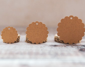 Recycled WHITE/BROWN Scalloped Kraft Tags - Circle Kraft Tags, Price Tags, Hang Tags, Gift Tags, Plain Tags with Hole