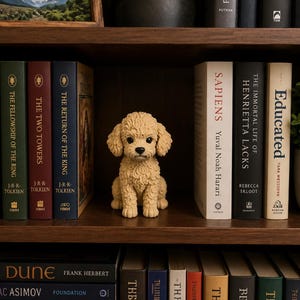 Puede incluir: Una estantería de madera en una librería exhibe una pequeña figura de caniche marrón claro. Se ven libros con títulos como "El Hobbit" y "Sapiens". Una pequeña planta en maceta añade un toque de vegetación. La estantería está llena de libros.