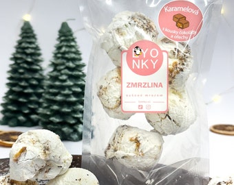 Gelato liofilizzato al caramello con noci e cioccolato, senza glutine, snack liofilizzati, cibo liofilizzato, regalo di compleanno. regalo di Natale