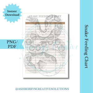 Puede incluir: Un gráfico de alimentación de serpientes imprimible con una ilustración detallada de una serpiente. El gráfico incluye secciones para la fecha, el tipo de alimento y la cantidad. También se ven las palabras "Descarga instantánea" y "PNG/PDF".