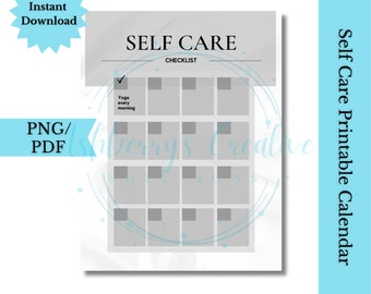 May include: A printable self-care calendar with the text "SELF CARE CHECKLIST". It features grey boxes for daily tasks, with "Yoga every morning" ticked. The image also includes "Instant Download" and "PNG/PDF" text.