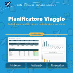 Può includere: Un modello di foglio di calcolo digitale per la pianificazione di viaggi intitolato Pianificatore Viaggio. Include sezioni per budget, cambio valuta estera e controllo delle spese giornaliere con grafici a barre e tabelle dettagliate.