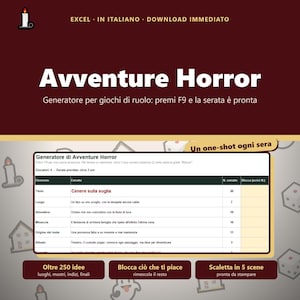 Può includere: Un foglio di calcolo digitale generatore di avventure horror per giochi di ruolo. L'interfaccia mostra colonne per elementi come titolo, luogo e atmosfera, con il testo 'Avventure Horror' e 'Generatore per giochi di ruolo' ben visibile.