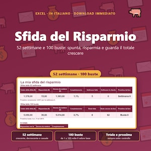 Può includere: Un foglio di calcolo digitale per il risparmio intitolato Sfida del Risparmio con una sfida di 52 settimane e 100 buste. Lo sfondo marrone mostra icone di salvadanai, calendari e sacchi di denaro con tabelle di testo bianco.