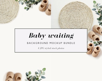 Baby waiting background mockup, flat lay background for baby product, design or text presentation, styled stock photo bundle,  4 JPG images.