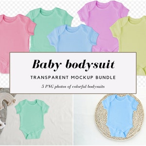 May include: A mockup bundle of baby bodysuits in various colors, including pink, mint green, light blue, purple, and yellow. The image includes the text "Baby bodysuit" and "Transparent mockup bundle".