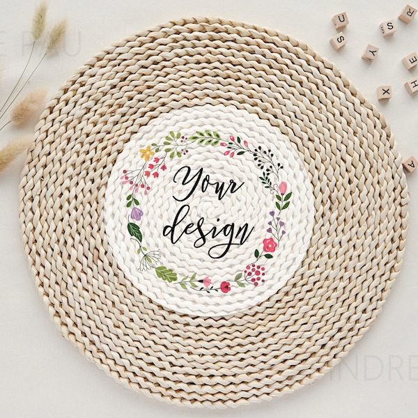 Bohemian background mockup with wicker table mat, styled stock photo background for product presentation, boho backdrop.