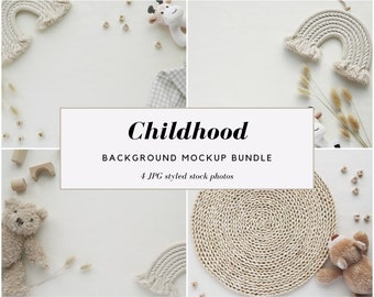 Kids background mockup, styled stock photo bundle, flat lay background for kids or baby product, design or text presentation, 4 JPG images.