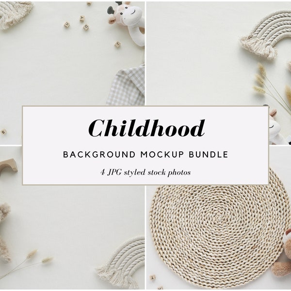 Kids background mockup, styled stock photo bundle, flat lay background for kids or baby product, design or text presentation, 4 JPG images.