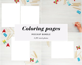 Coloring pages mockup bundle, kids worksheet mockup, background mockup, kids desk mockup, kids poster mockup, 8,5x 11" stationery mockup JPG