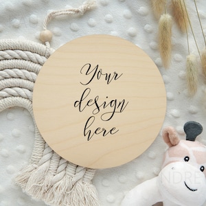 Round wooden sign mockup, baby name sign mockup, wood disk mockup, wood circle mockup, wooden baby milestone disc mockup, digital JPG file.