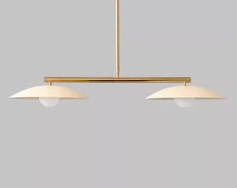 Brass 2 Light Linear Chandelier: Mid Century Modern Chandelier Dining Lighting Fixtures