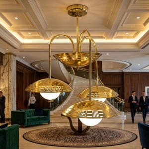 Mid Century Modern Brass Chandelier, 5 Light Semi Flush Mount Ceiling Light, Vintage Gold Ceiling Fixture, Retro Home Decor Lighting