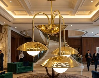 Mid Century Modern Brass Chandelier, 5 Light Semi Flush Mount Ceiling Light, Vintage Gold Ceiling Fixture, Retro Home Decor Lighting