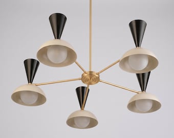 Mid Century Modern Brass Chandelier, 5-Light Globe Pendant, Black Accents, Opal Glass Shades