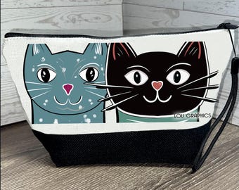 Cat Faces Small Zipper Pouch by LouGraphics | Teal &  Black Cat Faces | Travel, Pencil, Make-up Bag or Crossbody Bag