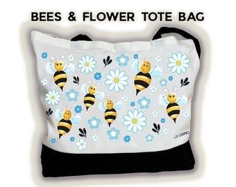 Bees and Flowers Tote Bag | Design by LouGraphics | Reusable Cotton Polyester Summer Bag  | Bright Colorful