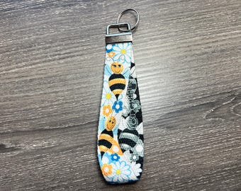 Happy Bee Wristlet Lanyard Keychain |  Bold Orange & Black with Daisies | Double-sided  | Key Strap for Wristlet Keychain | ID Badge
