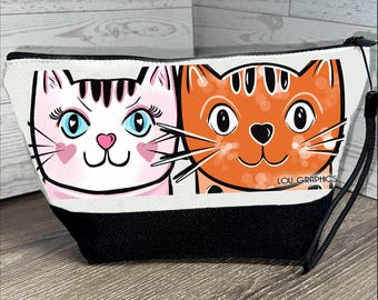 Cat Faces Small Zipper Pouch by LouGraphics | Pink &  Orange Cat Faces | Travel, Pencil, Make-up Bag or Crossbody Bag